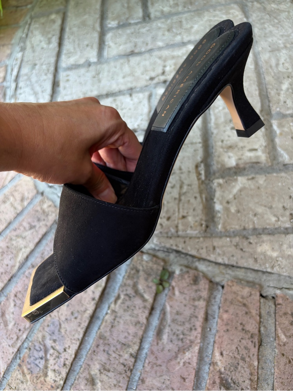Good American Black Suede Slide Mules with Gold Trim - Picture 6 of 7